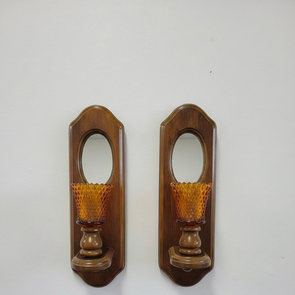 Vintage Wood Wall Sconce Pair Amber Hobnail Glass Peg Candle Holders with Mirror